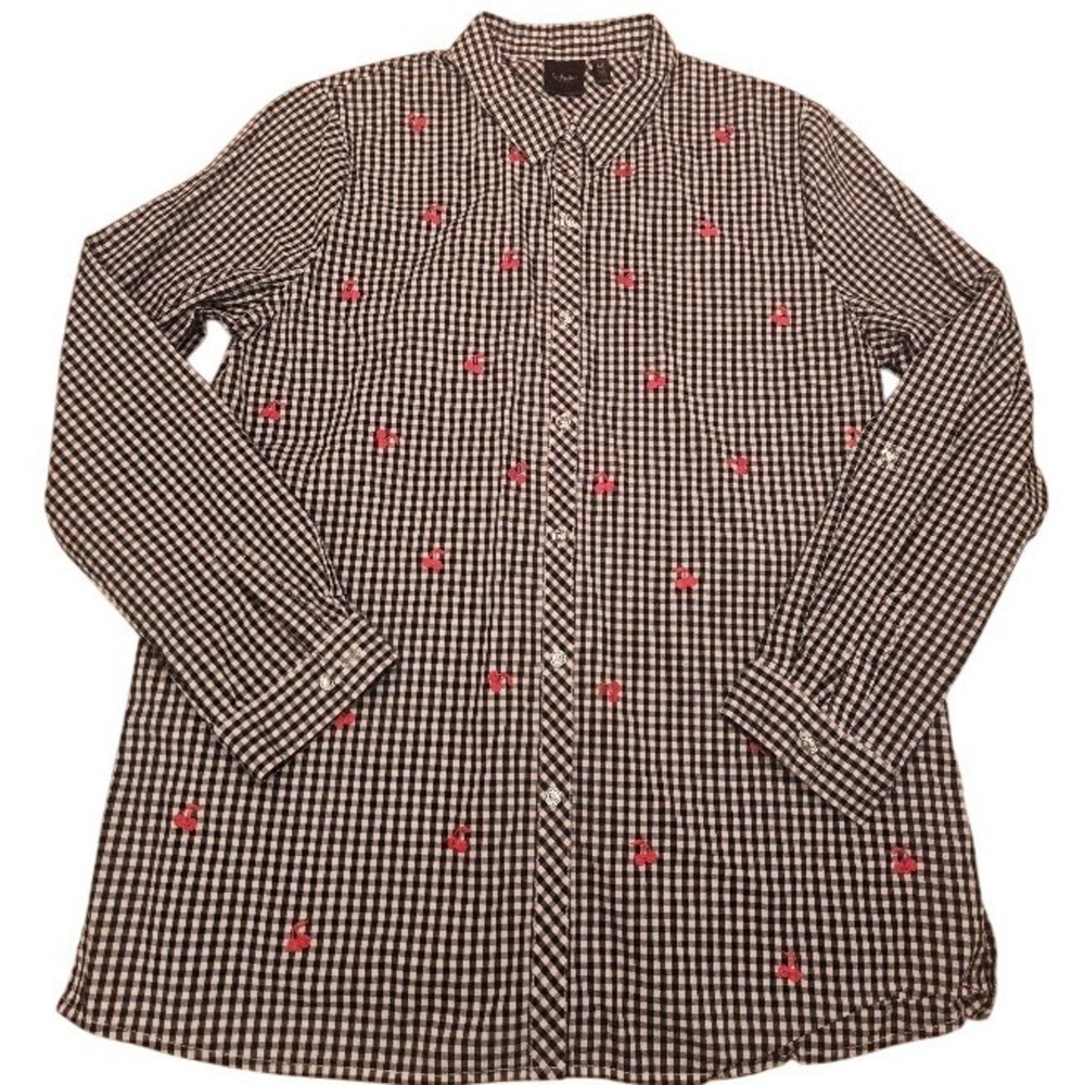 Rafaella Womens Black White Gingham Cherry Embroidered Button Down Shirt Large